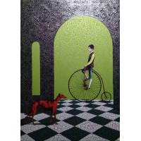 大小轮自行车上男孩,国际著名画家超现实主义,象征主义当代油画艺术收藏礼物装饰