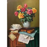 《玫瑰与小提琴》，戈尔巴乔娃.娜达丽娅.韦尼阿米诺夫纳油画，俄罗斯苏里科夫美术学院教授，俄罗斯玫瑰皇后